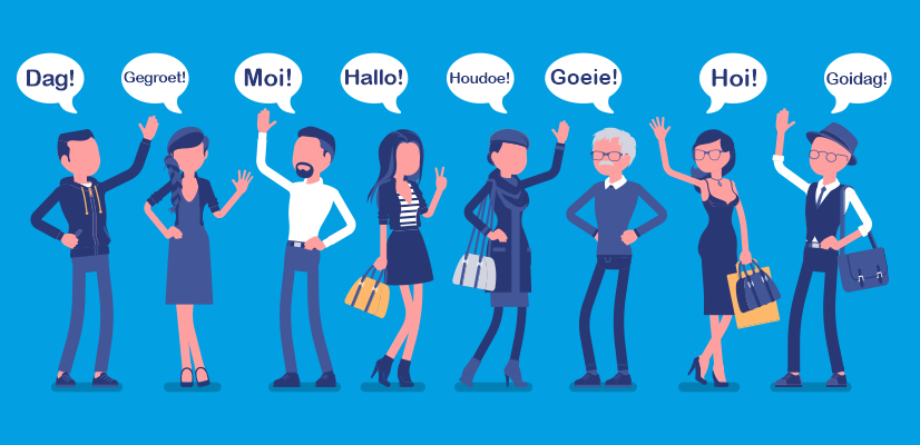 Illustratie van mensen die elkaar begroeten in Groningse dialecten