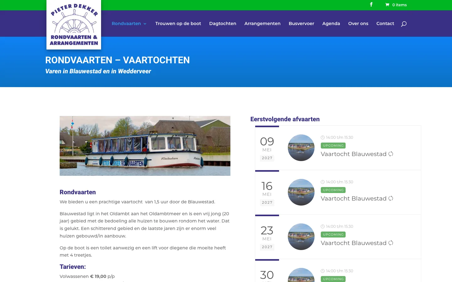 Website Pieter Dekker Rondvaarten, vaartochten in Blauwestad